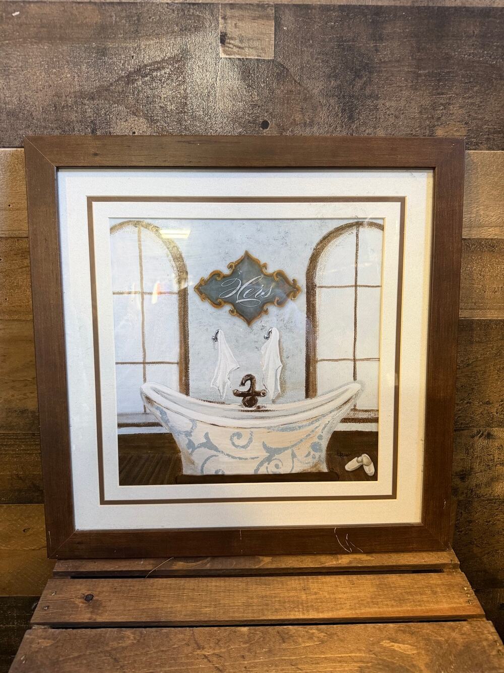 Framed Hers Bathroom Wall Art Print - Clawfoot Tub/Towels -Framed Picture -17x17